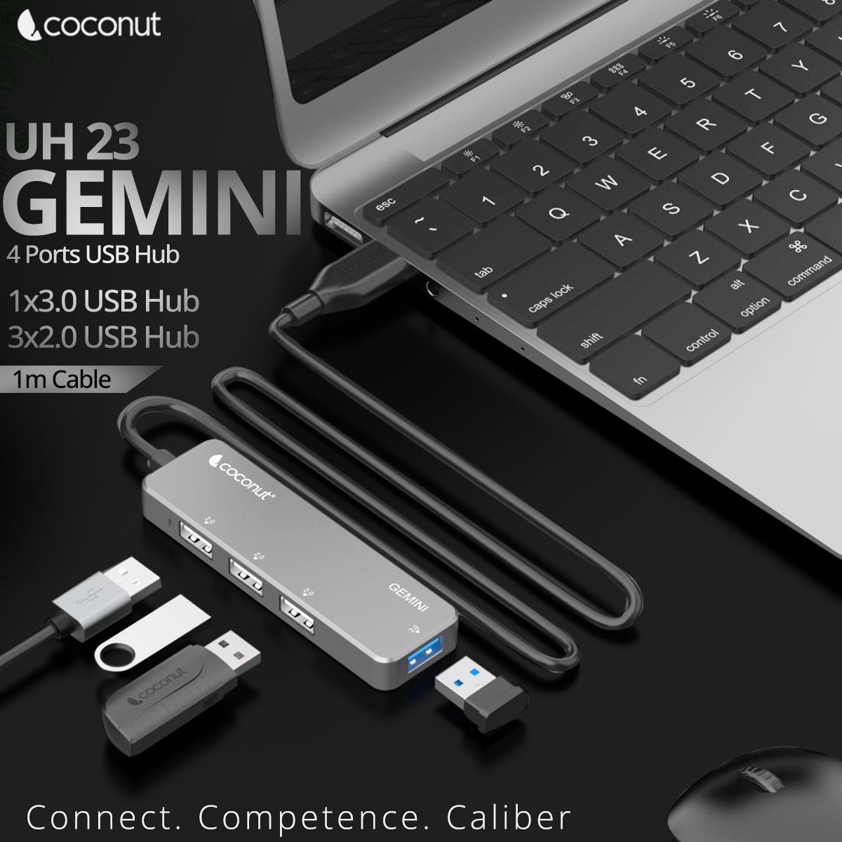 UH23 Gemini 4-port USB hub with sleek, compact design